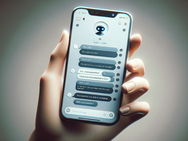 A hand holds a phone that is running chatbot implementation
